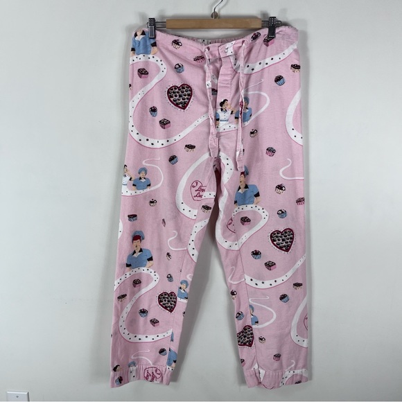 NICK & NORA I Love Lucy Chocolate Factory PJ Pajama Set Top Bottom Pink Flannel - Picture 9 of 16